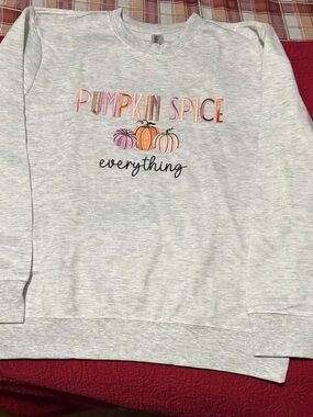 Pumpkin Spice Everything Embroidere Sweatshirt - Light Gray size large net